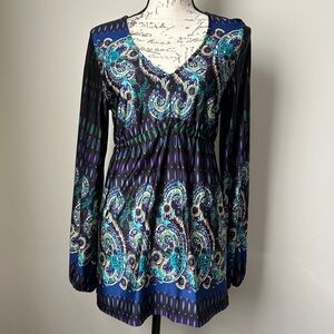 VENUS Black Tunic with Teal, Purple & Aqua Paisley Accents